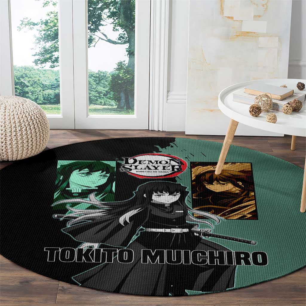 Muichiro Tokito from Demon Slayer Round Carpet with Green and Black Mist Background and Dual Character Manga Style Design - The Mazicc