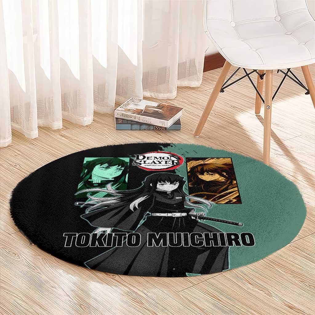 Muichiro Tokito from Demon Slayer Round Carpet with Green and Black Mist Background and Dual Character Manga Style Design - The Mazicc