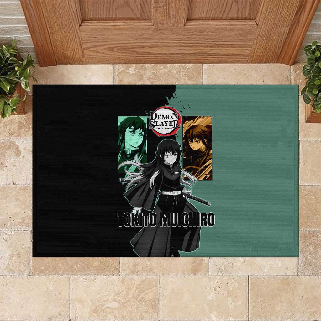 Muichiro Tokito from Demon Slayer Rubber Doormat with Green and Black Mist Background and Dual Character Manga Style Design - The Mazicc
