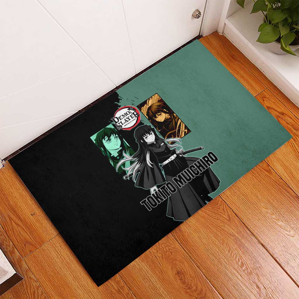 Muichiro Tokito from Demon Slayer Rubber Doormat with Green and Black Mist Background and Dual Character Manga Style Design - The Mazicc