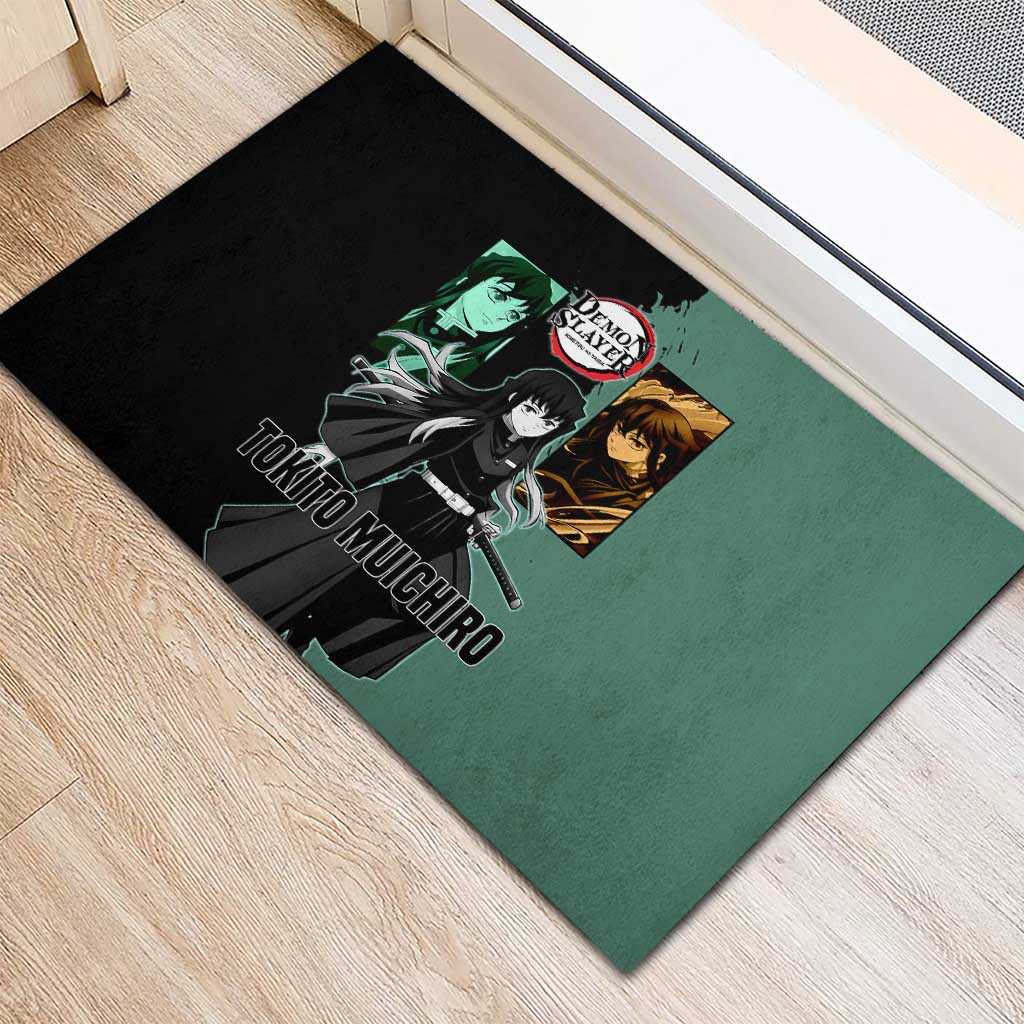Muichiro Tokito from Demon Slayer Rubber Doormat with Green and Black Mist Background and Dual Character Manga Style Design - The Mazicc