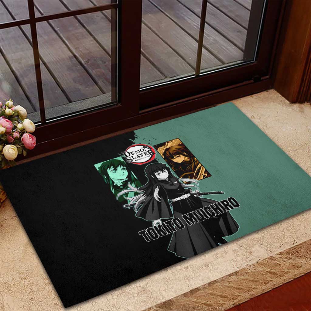 Muichiro Tokito from Demon Slayer Rubber Doormat with Green and Black Mist Background and Dual Character Manga Style Design - The Mazicc