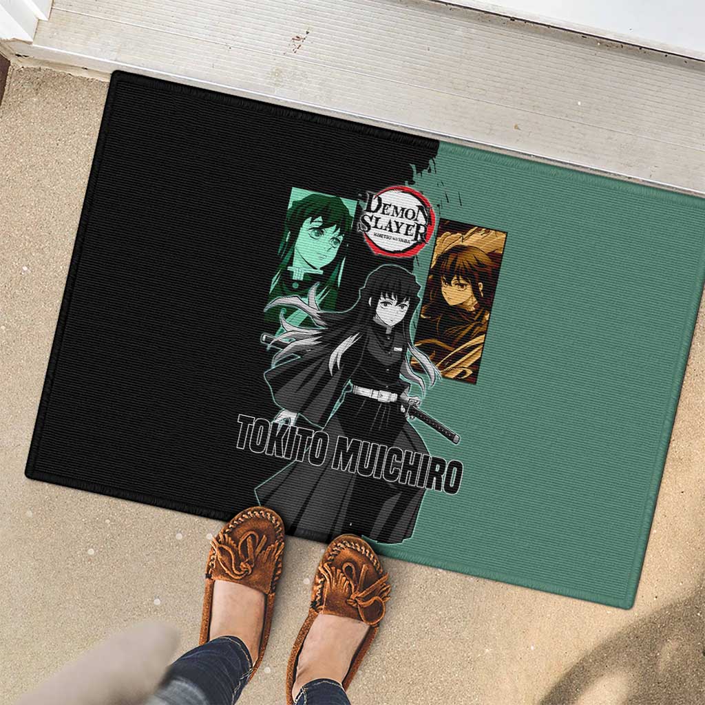 Muichiro Tokito from Demon Slayer Rubber Doormat with Green and Black Mist Background and Dual Character Manga Style Design - The Mazicc