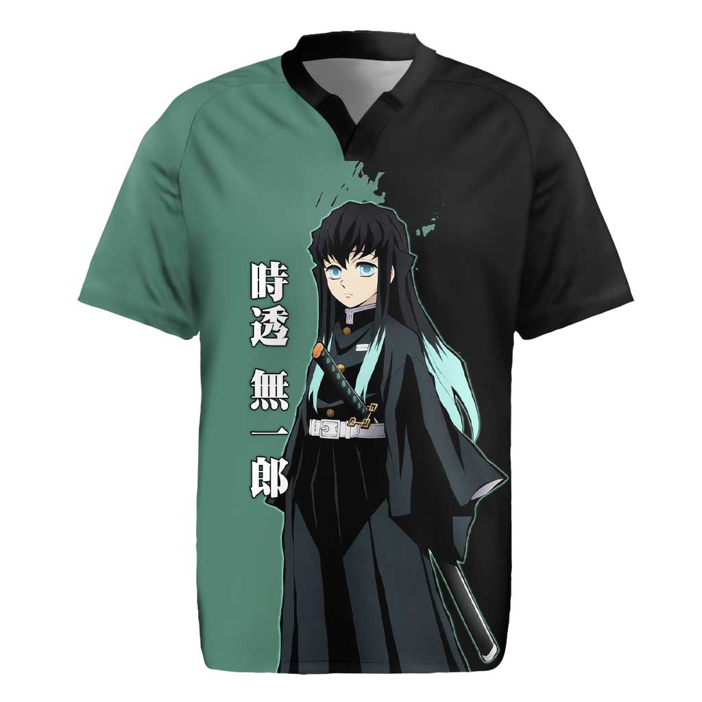 Muichiro Tokito from Demon Slayer Rugby Jersey with Green and Black Mist Background and Dual Character Manga Style Design - The Mazicc
