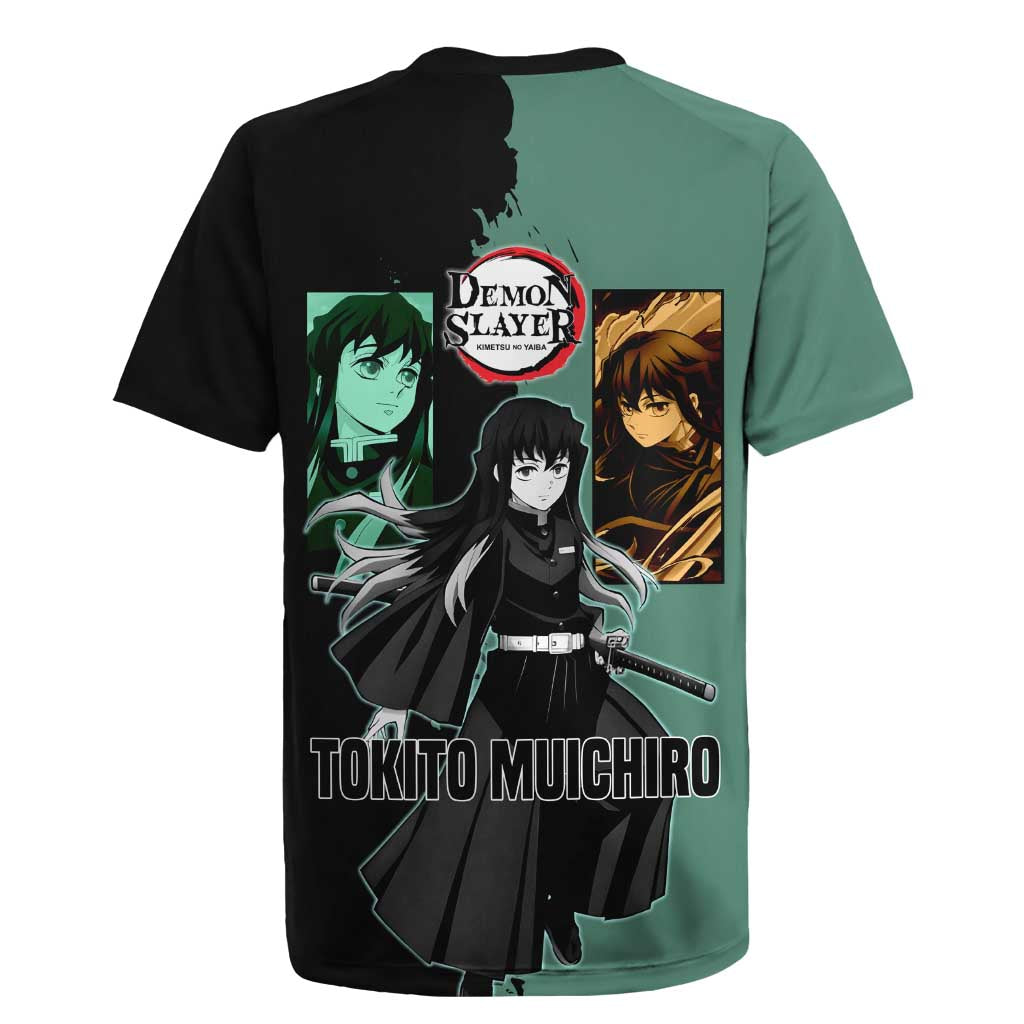 Muichiro Tokito from Demon Slayer Rugby Jersey with Green and Black Mist Background and Dual Character Manga Style Design - The Mazicc