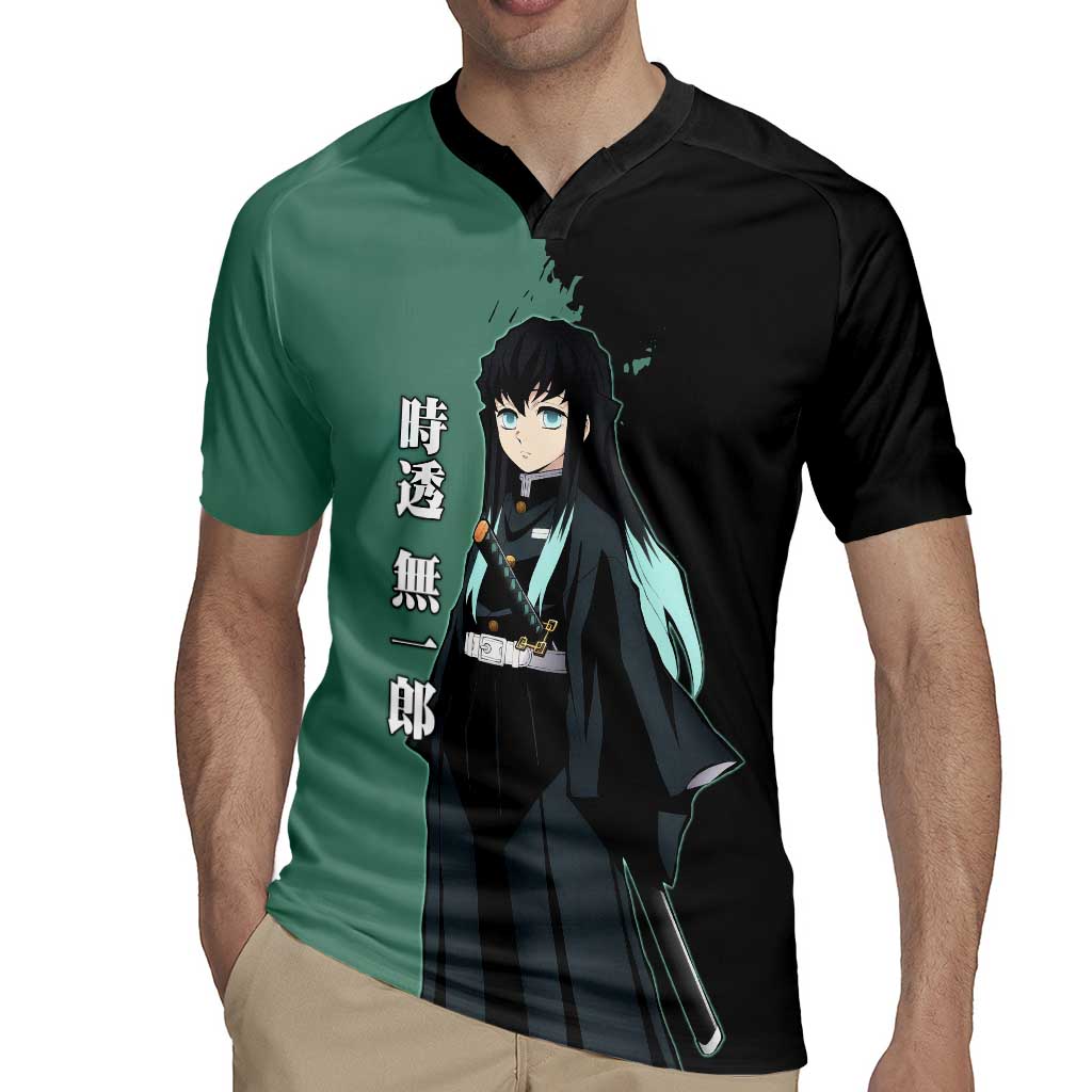Muichiro Tokito from Demon Slayer Rugby Jersey with Green and Black Mist Background and Dual Character Manga Style Design - The Mazicc