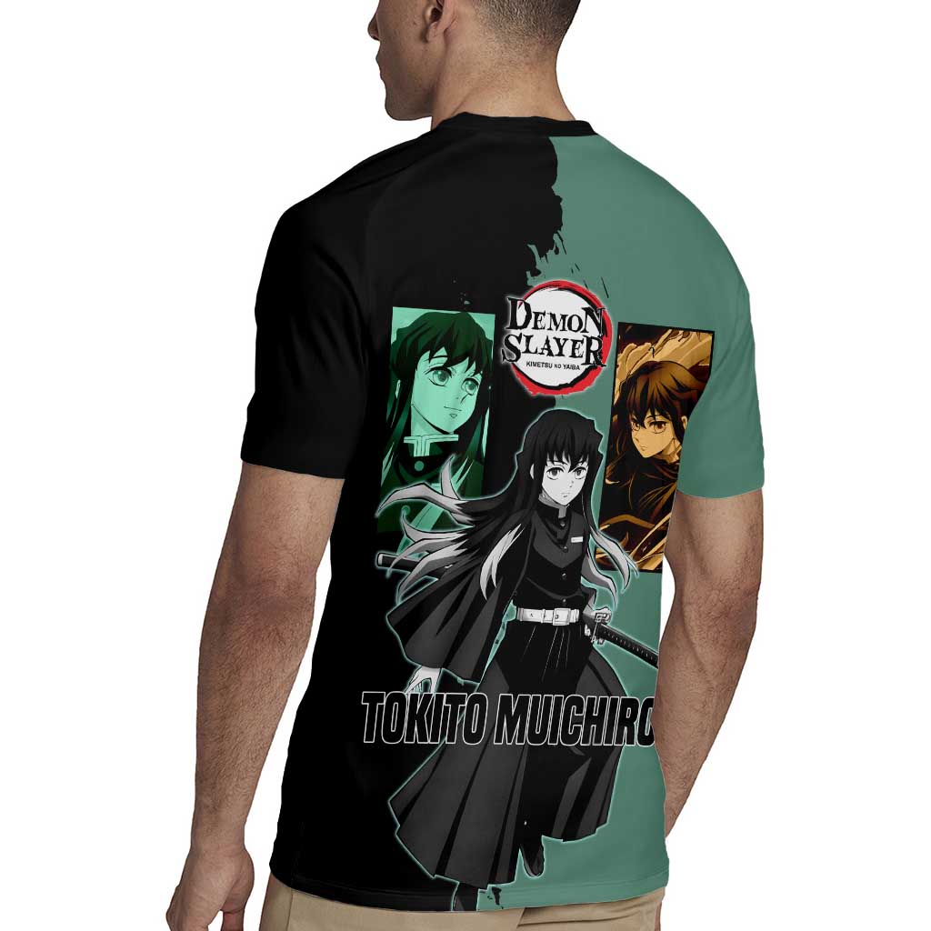 Muichiro Tokito from Demon Slayer Rugby Jersey with Green and Black Mist Background and Dual Character Manga Style Design - The Mazicc