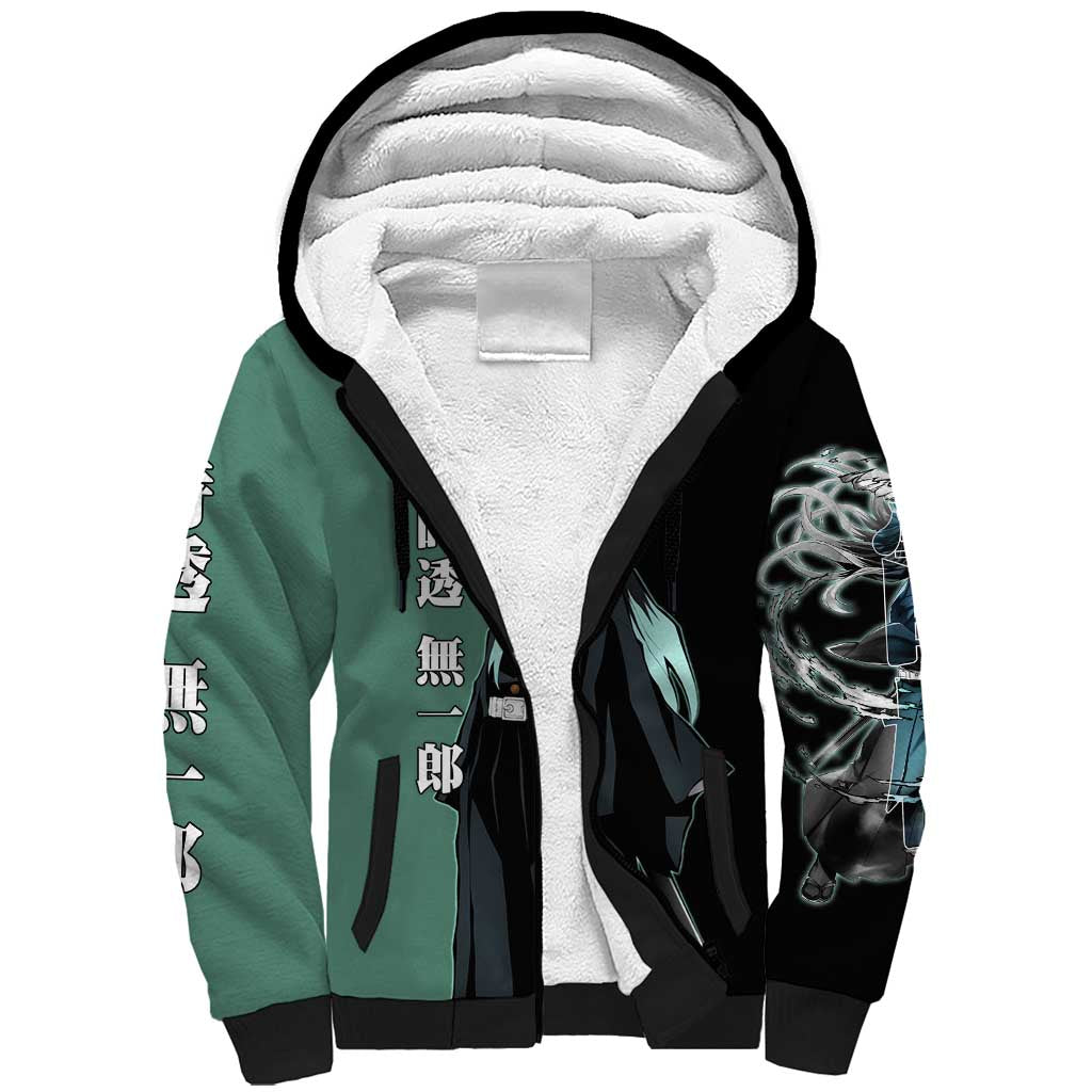 Muichiro Tokito from Demon Slayer Sherpa Hoodie with Green and Black Mist Background and Dual Character Manga Style Design - The Mazicc