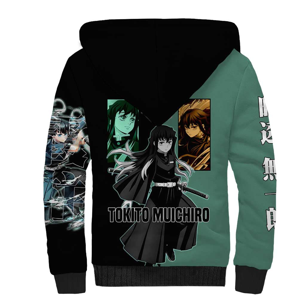 Muichiro Tokito from Demon Slayer Sherpa Hoodie with Green and Black Mist Background and Dual Character Manga Style Design - The Mazicc