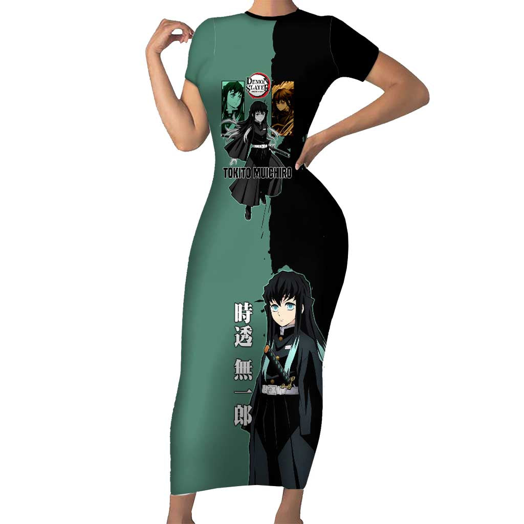 Muichiro Tokito from Demon Slayer Short Sleeve Bodycon Dress with Green and Black Mist Background and Dual Character Manga Style Design - The Mazicc