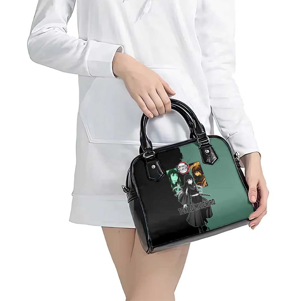 Muichiro Tokito from Demon Slayer Shoulder Handbag with Green and Black Mist Background and Dual Character Manga Style Design - The Mazicc