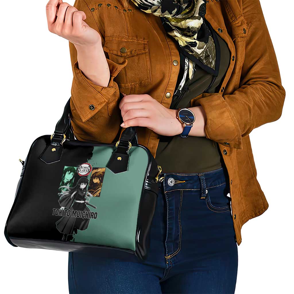 Muichiro Tokito from Demon Slayer Shoulder Handbag with Green and Black Mist Background and Dual Character Manga Style Design - The Mazicc