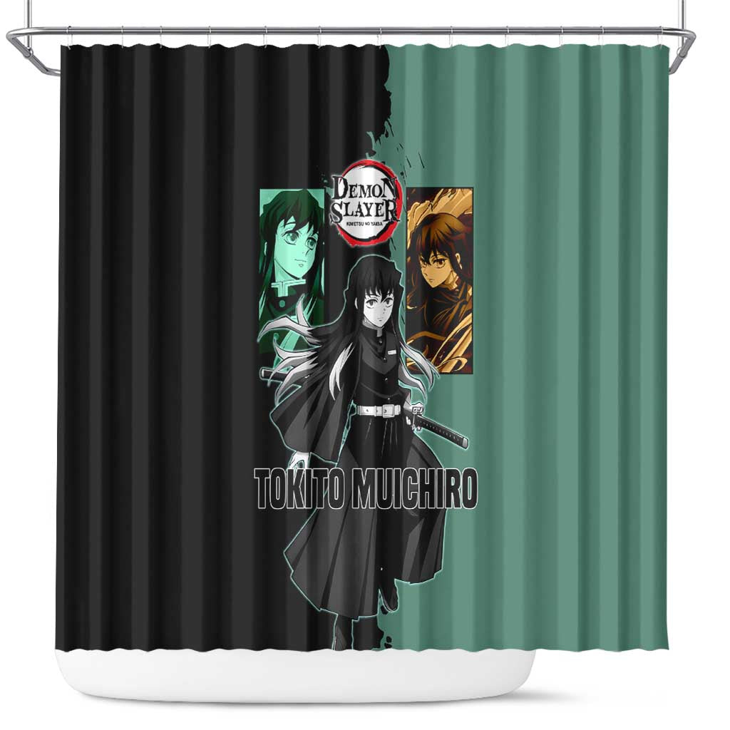 Muichiro Tokito from Demon Slayer Shower Curtain with Green and Black Mist Background and Dual Character Manga Style Design - The Mazicc