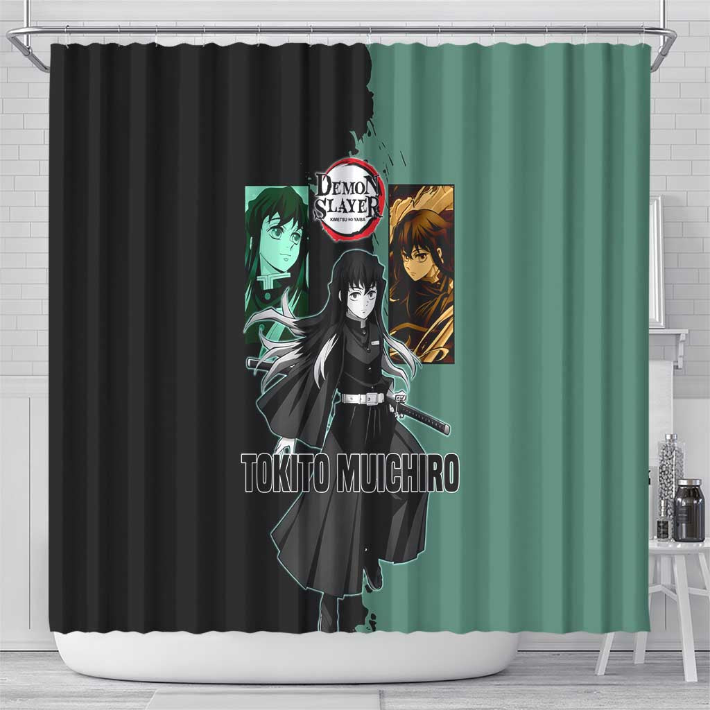 Muichiro Tokito from Demon Slayer Shower Curtain with Green and Black Mist Background and Dual Character Manga Style Design - The Mazicc