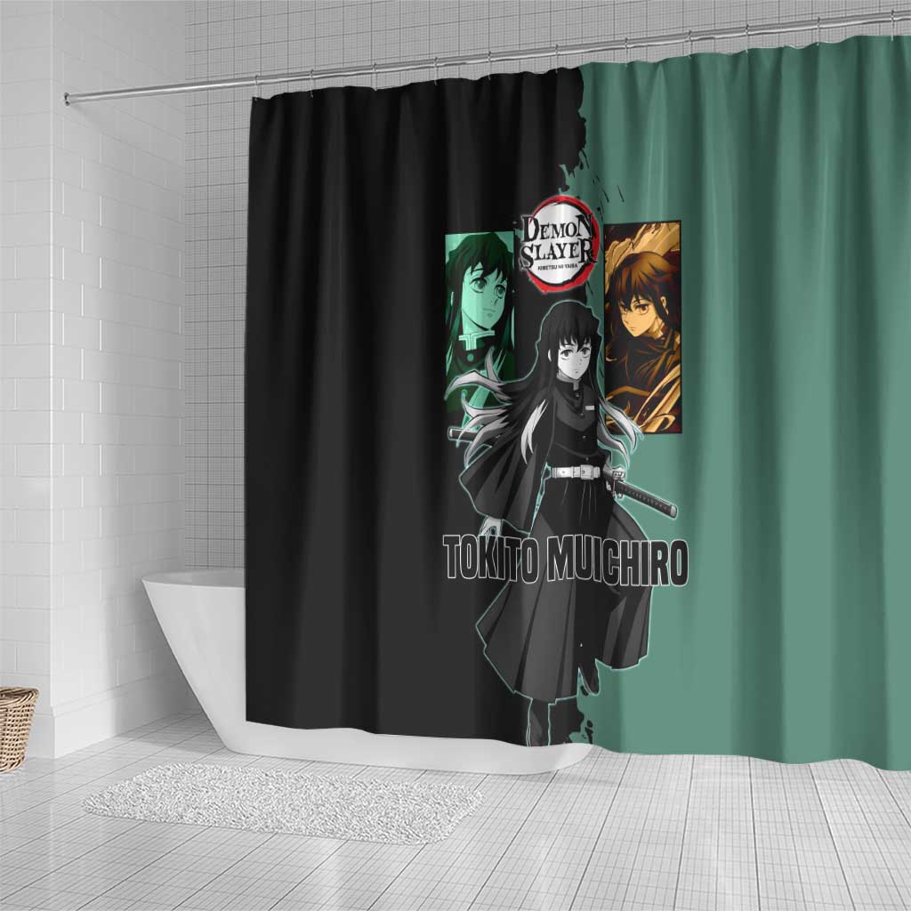 Muichiro Tokito from Demon Slayer Shower Curtain with Green and Black Mist Background and Dual Character Manga Style Design - The Mazicc