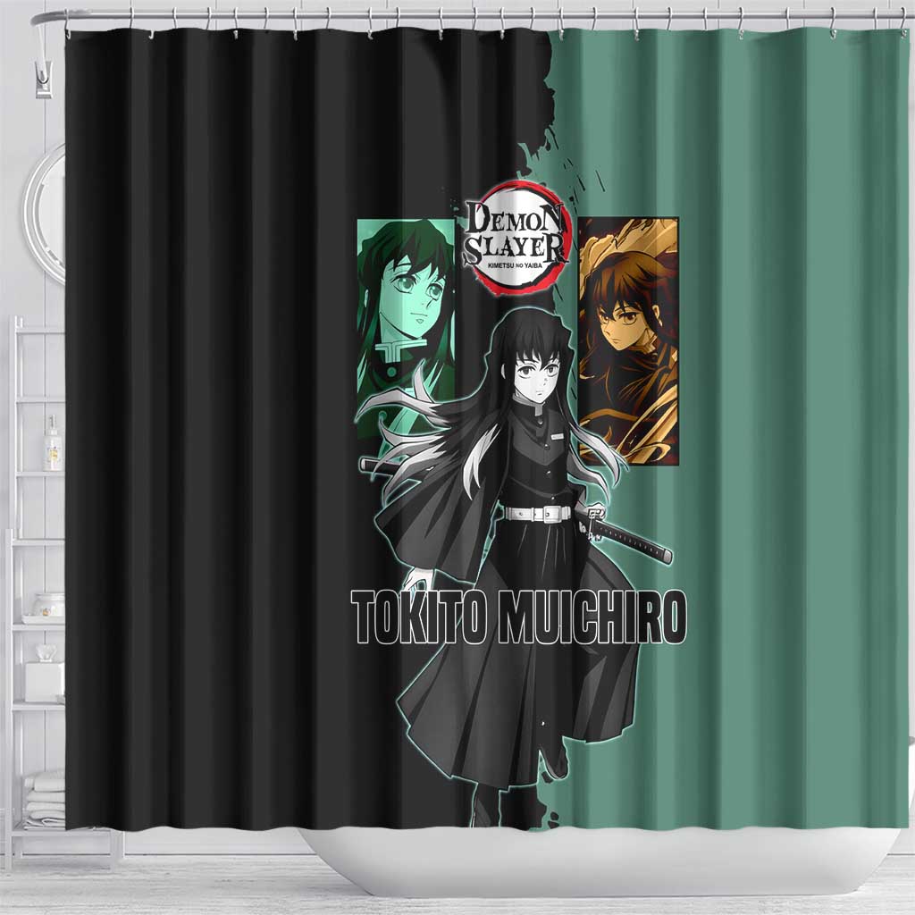 Muichiro Tokito from Demon Slayer Shower Curtain with Green and Black Mist Background and Dual Character Manga Style Design - The Mazicc