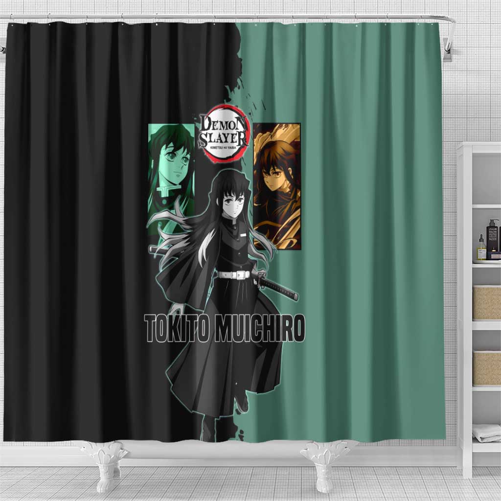 Muichiro Tokito from Demon Slayer Shower Curtain with Green and Black Mist Background and Dual Character Manga Style Design - The Mazicc