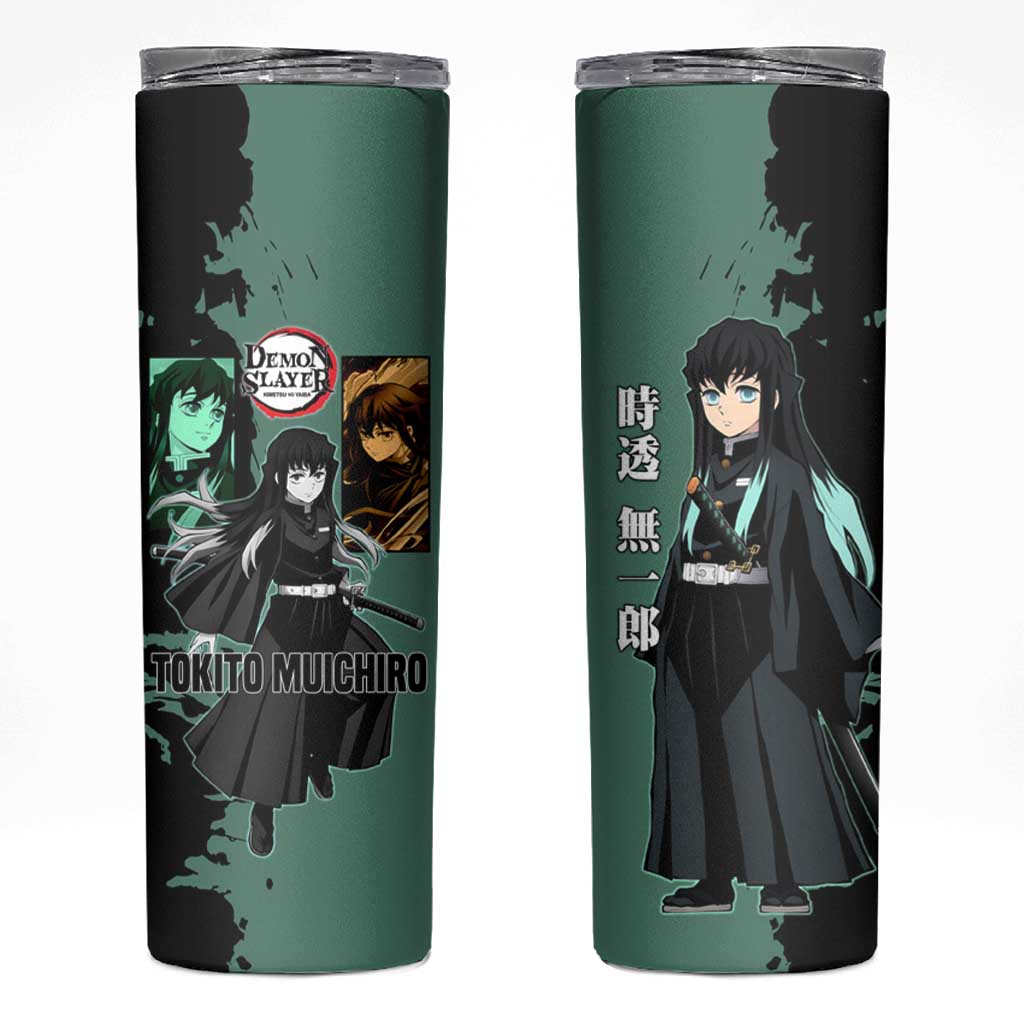 Muichiro Tokito from Demon Slayer Skinny Tumbler with Green and Black Mist Background and Dual Character Manga Style Design - The Mazicc