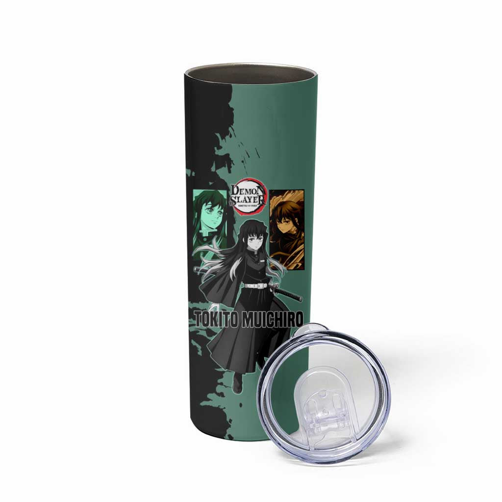 Muichiro Tokito from Demon Slayer Skinny Tumbler with Green and Black Mist Background and Dual Character Manga Style Design - The Mazicc