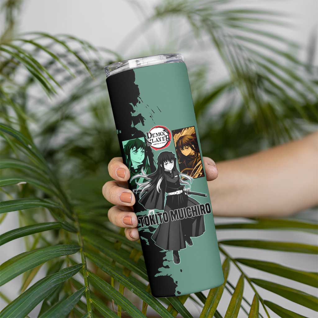 Muichiro Tokito from Demon Slayer Skinny Tumbler with Green and Black Mist Background and Dual Character Manga Style Design - The Mazicc