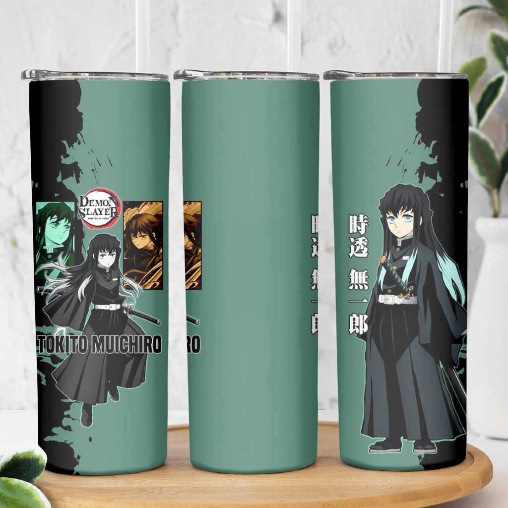Muichiro Tokito from Demon Slayer Skinny Tumbler with Green and Black Mist Background and Dual Character Manga Style Design - The Mazicc