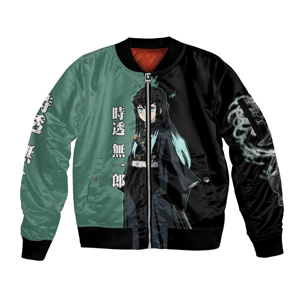 Muichiro Tokito from Demon Slayer Sleeve Zip Bomber Jacket with Green and Black Mist Background and Dual Character Manga Style Design - The Mazicc