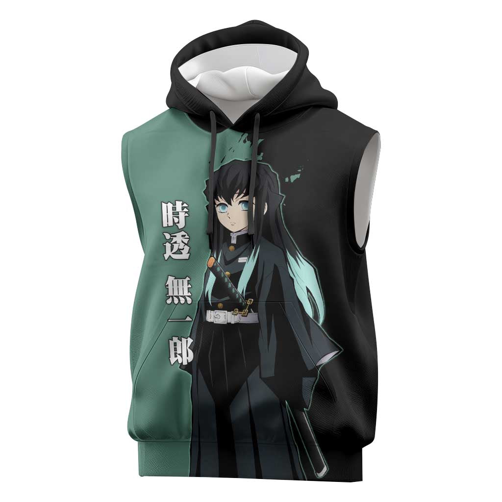 Muichiro Tokito from Demon Slayer Sleeveless Hoodie with Green and Black Mist Background and Dual Character Manga Style Design - The Mazicc