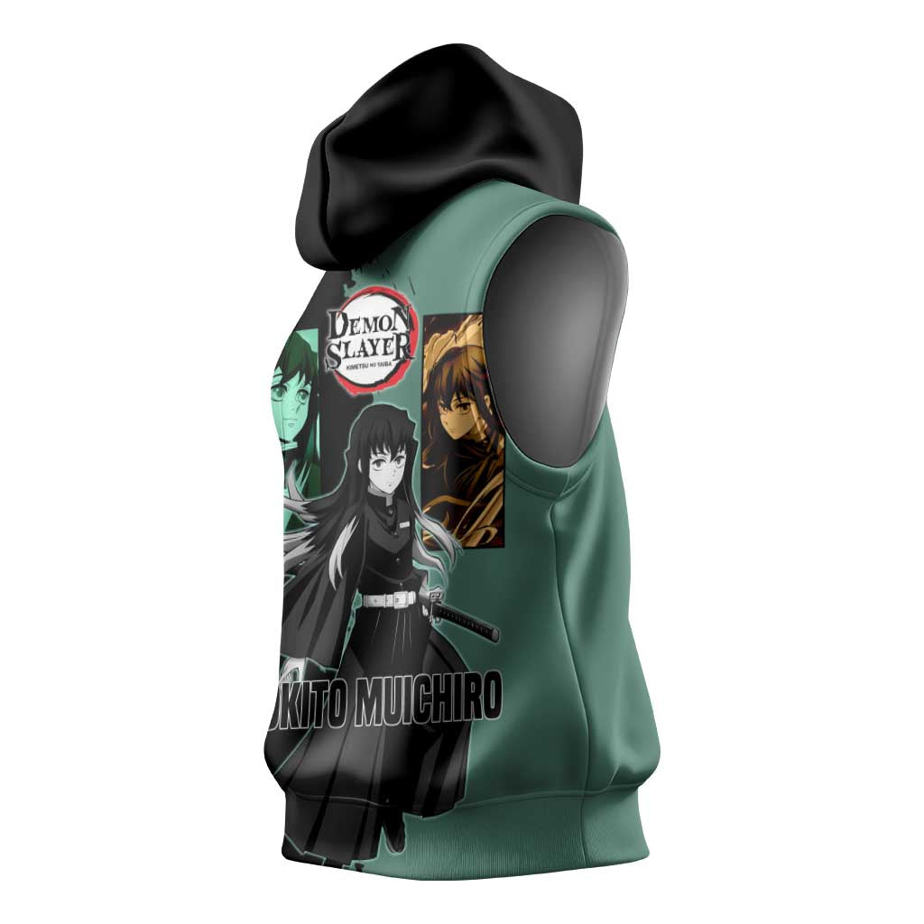 Muichiro Tokito from Demon Slayer Sleeveless Hoodie with Green and Black Mist Background and Dual Character Manga Style Design - The Mazicc