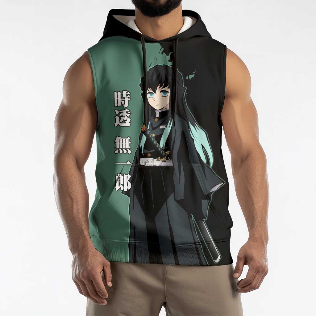 Muichiro Tokito from Demon Slayer Sleeveless Hoodie with Green and Black Mist Background and Dual Character Manga Style Design - The Mazicc