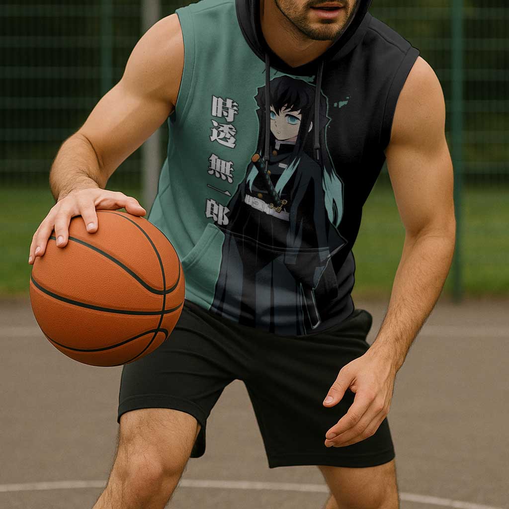 Muichiro Tokito from Demon Slayer Sleeveless Hoodie with Green and Black Mist Background and Dual Character Manga Style Design - The Mazicc