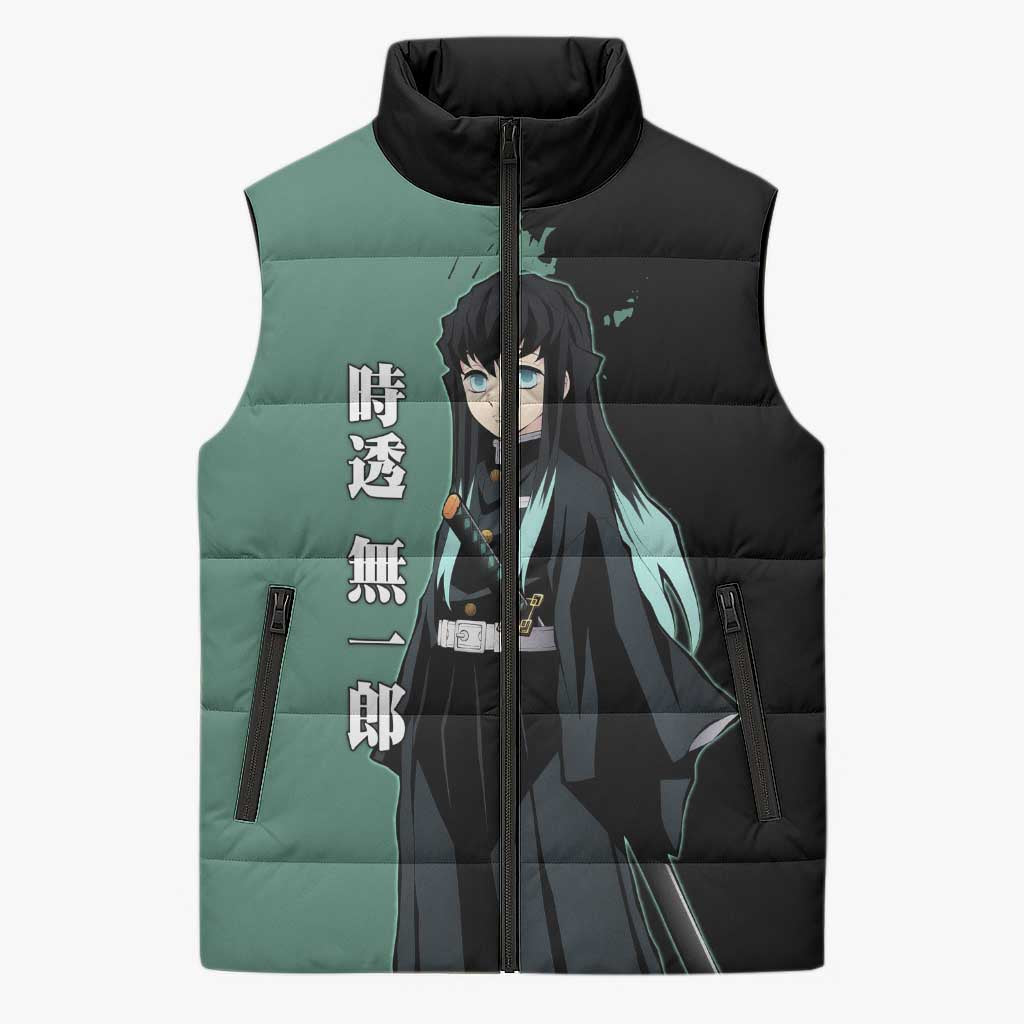 Muichiro Tokito from Demon Slayer Sleeveless Puffer Jacket with Green and Black Mist Background and Dual Character Manga Style Design - The Mazicc