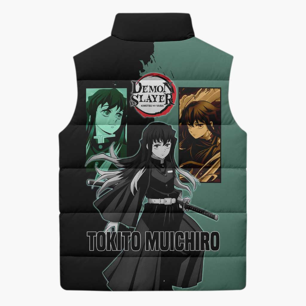 Muichiro Tokito from Demon Slayer Sleeveless Puffer Jacket with Green and Black Mist Background and Dual Character Manga Style Design - The Mazicc