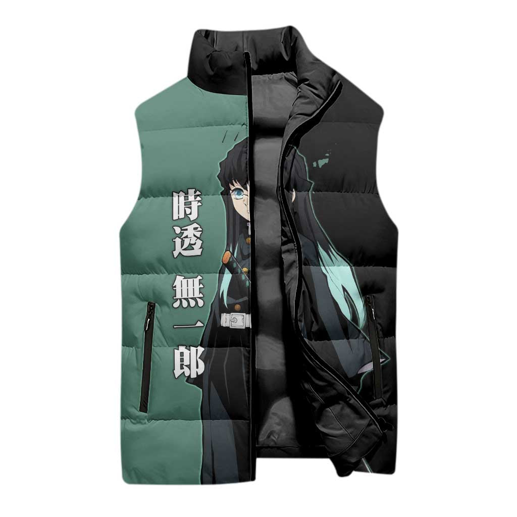 Muichiro Tokito from Demon Slayer Sleeveless Puffer Jacket with Green and Black Mist Background and Dual Character Manga Style Design - The Mazicc