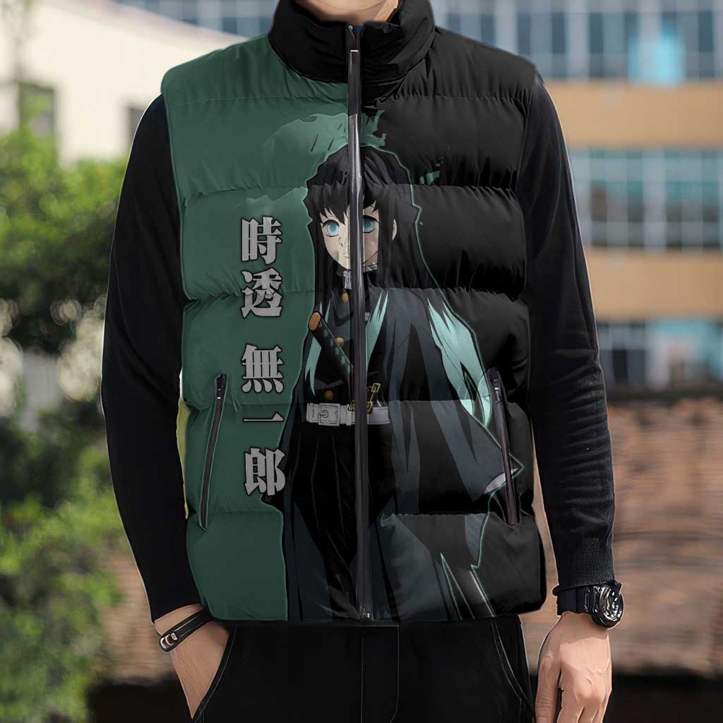 Muichiro Tokito from Demon Slayer Sleeveless Puffer Jacket with Green and Black Mist Background and Dual Character Manga Style Design - The Mazicc
