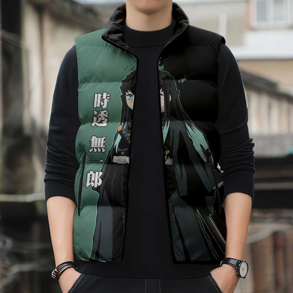 Muichiro Tokito from Demon Slayer Sleeveless Puffer Jacket with Green and Black Mist Background and Dual Character Manga Style Design - The Mazicc