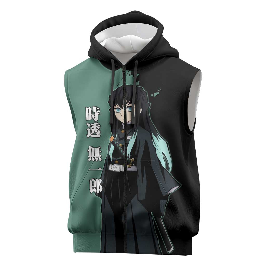 Muichiro Tokito from Demon Slayer Sleeveless Zip Hoodie with Green and Black Mist Background and Dual Character Manga Style Design - The Mazicc