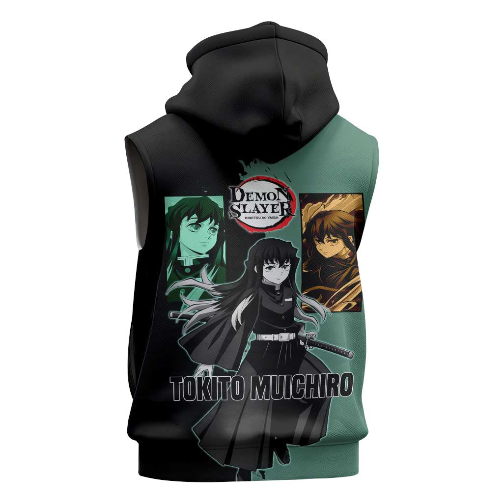Muichiro Tokito from Demon Slayer Sleeveless Zip Hoodie with Green and Black Mist Background and Dual Character Manga Style Design - The Mazicc