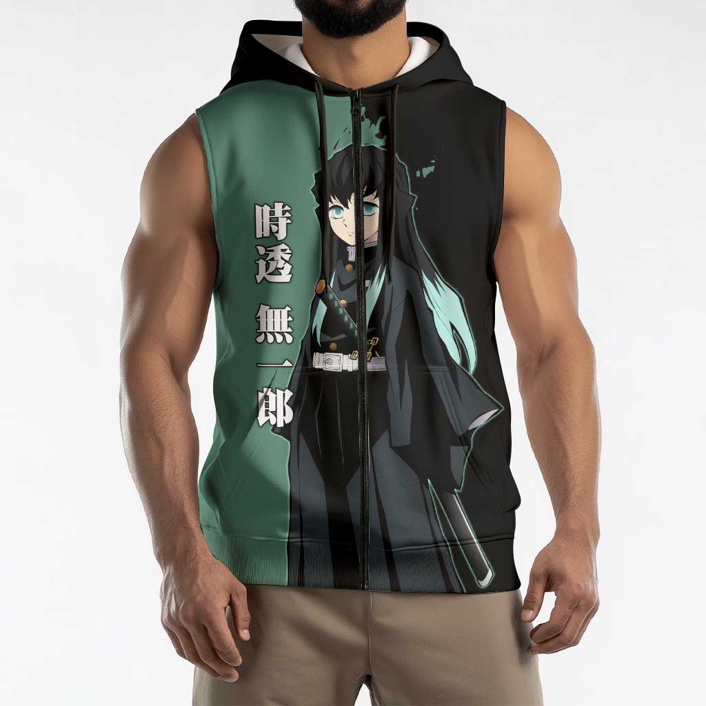 Muichiro Tokito from Demon Slayer Sleeveless Zip Hoodie with Green and Black Mist Background and Dual Character Manga Style Design - The Mazicc