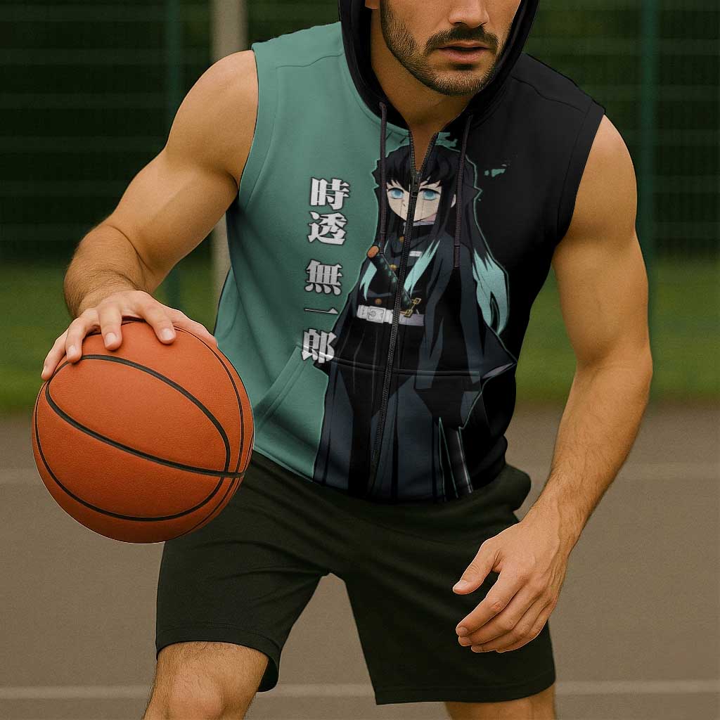 Muichiro Tokito from Demon Slayer Sleeveless Zip Hoodie with Green and Black Mist Background and Dual Character Manga Style Design - The Mazicc
