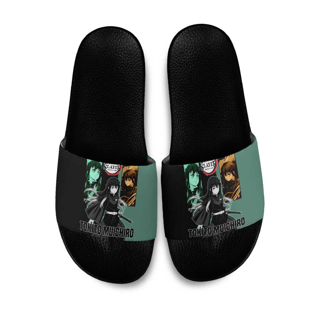 Muichiro Tokito from Demon Slayer Slide Sandals with Green and Black Mist Background and Dual Character Manga Style Design - The Mazicc