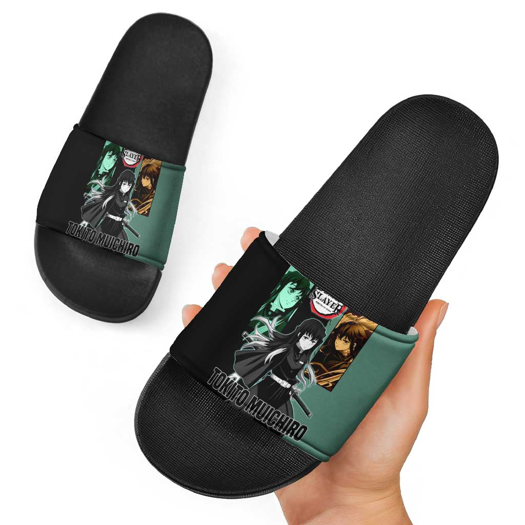 Muichiro Tokito from Demon Slayer Slide Sandals with Green and Black Mist Background and Dual Character Manga Style Design - The Mazicc