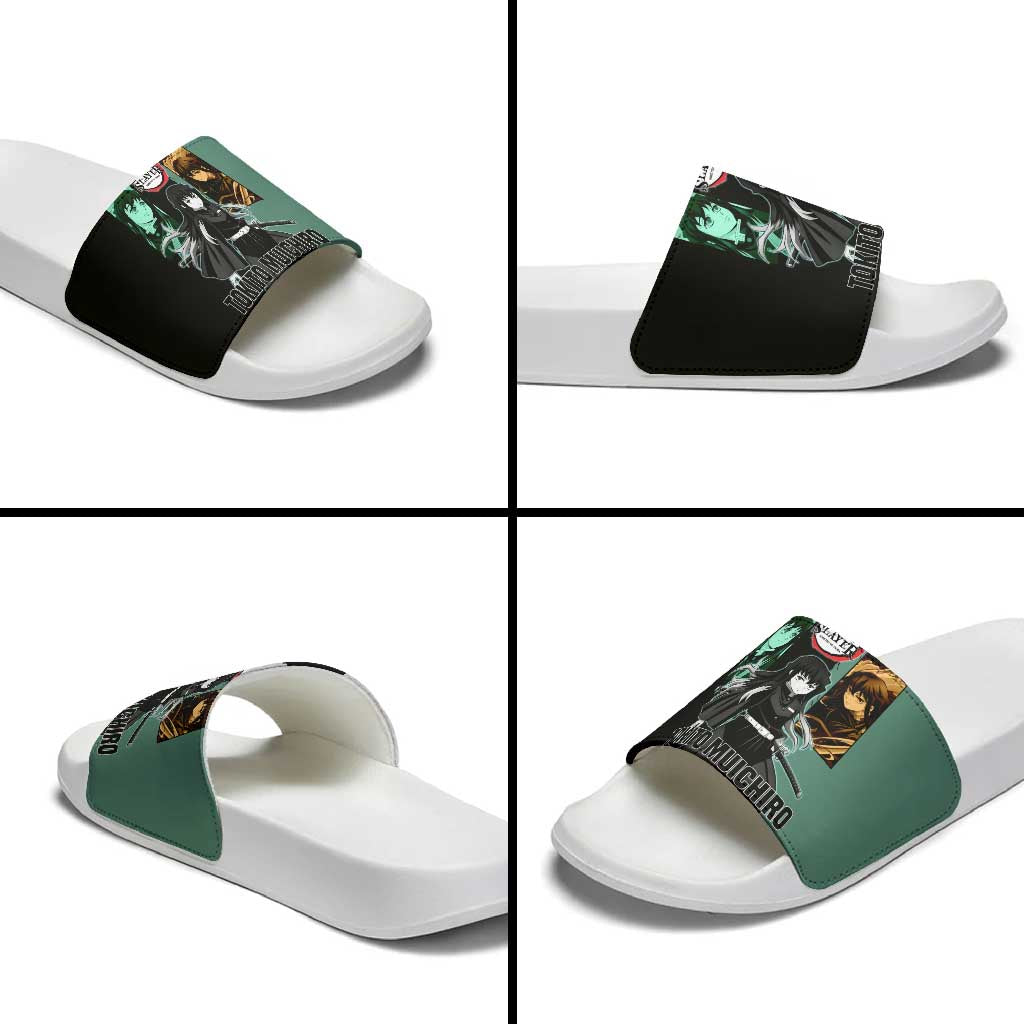 Muichiro Tokito from Demon Slayer Slide Sandals with Green and Black Mist Background and Dual Character Manga Style Design - The Mazicc