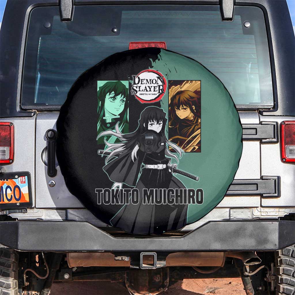 Muichiro Tokito from Demon Slayer Spare Tire Cover with Green and Black Mist Background and Dual Character Manga Style Design - The Mazicc