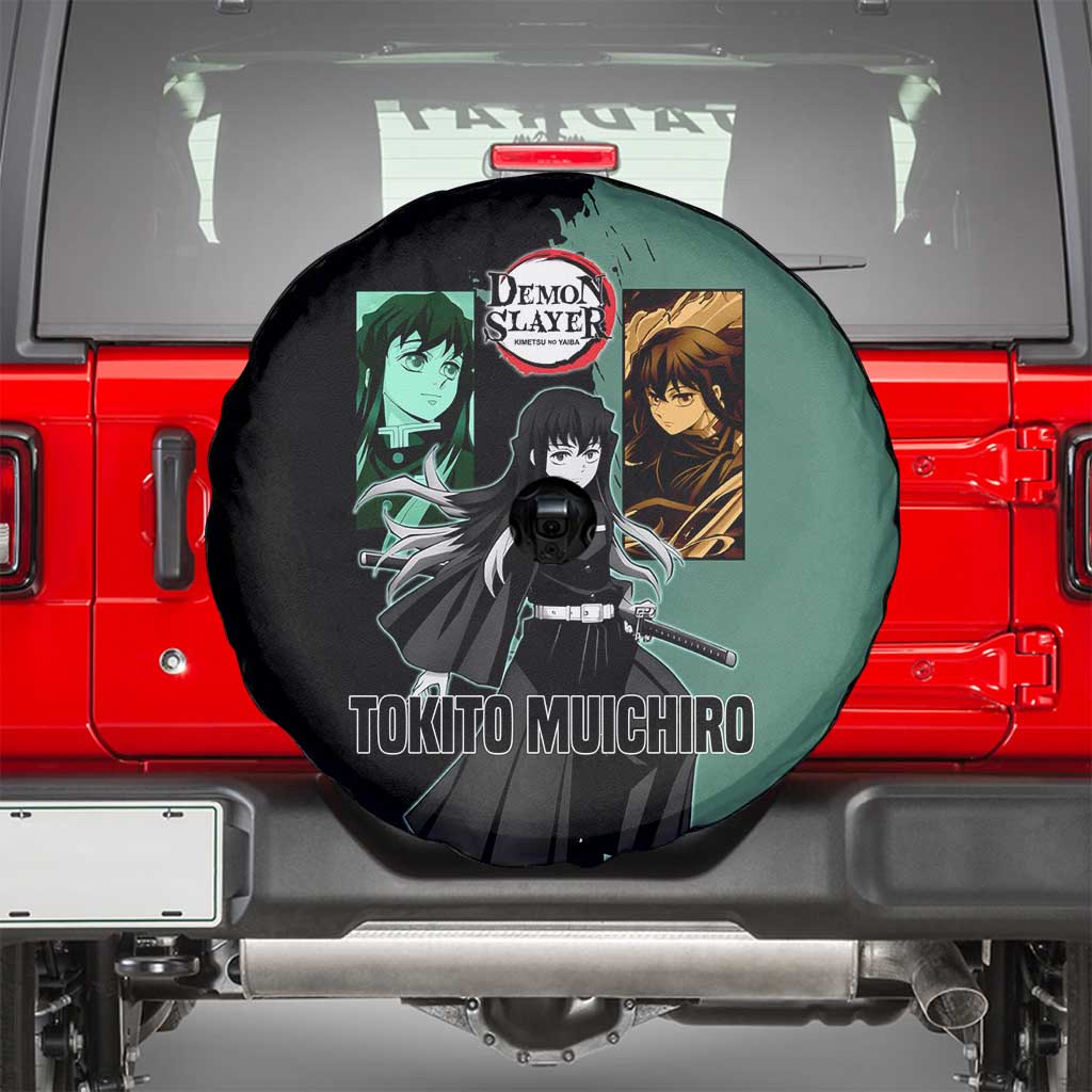 Muichiro Tokito from Demon Slayer Spare Tire Cover with Green and Black Mist Background and Dual Character Manga Style Design - The Mazicc
