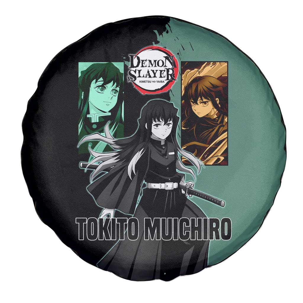 Muichiro Tokito from Demon Slayer Spare Tire Cover with Green and Black Mist Background and Dual Character Manga Style Design - The Mazicc