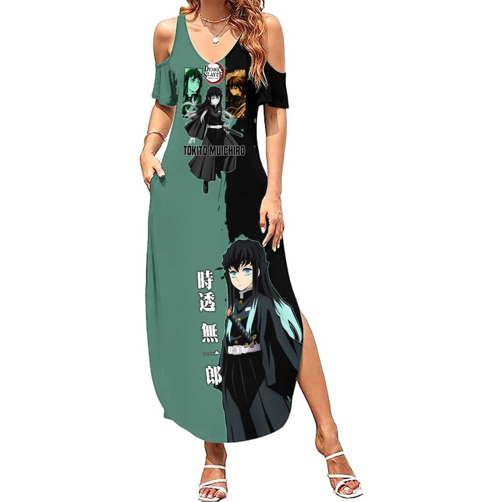 Muichiro Tokito from Demon Slayer Summer Maxi Dress with Green and Black Mist Background and Dual Character Manga Style Design - The Mazicc