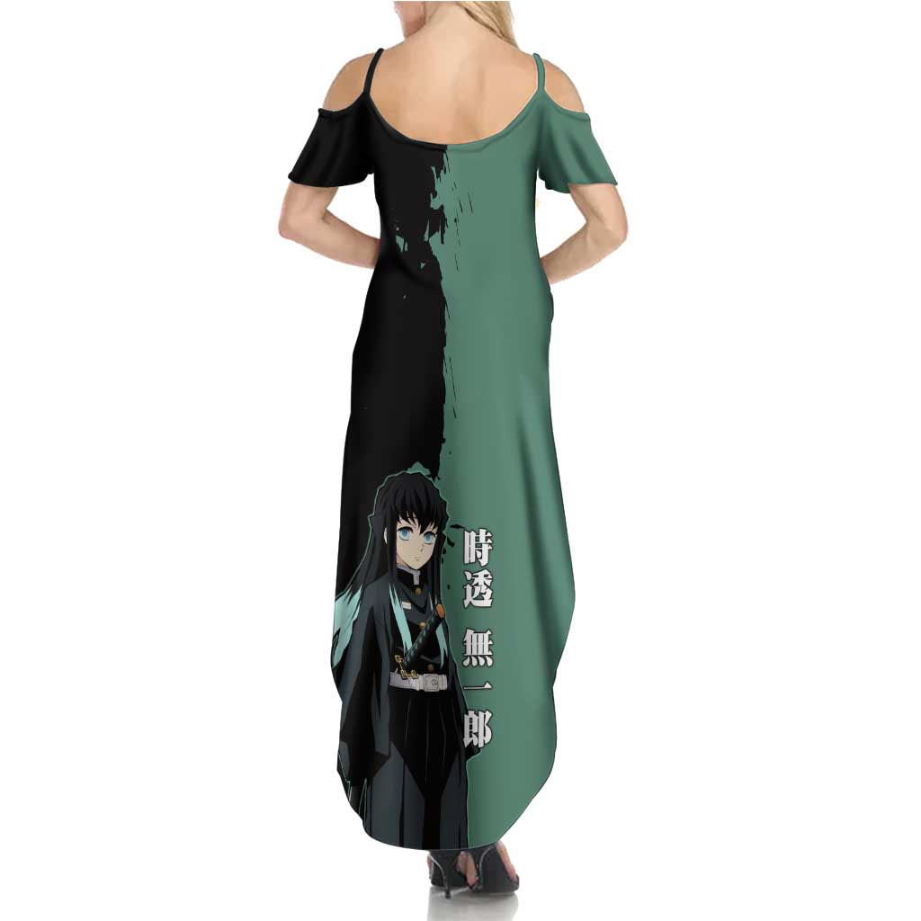 Muichiro Tokito from Demon Slayer Summer Maxi Dress with Green and Black Mist Background and Dual Character Manga Style Design - The Mazicc