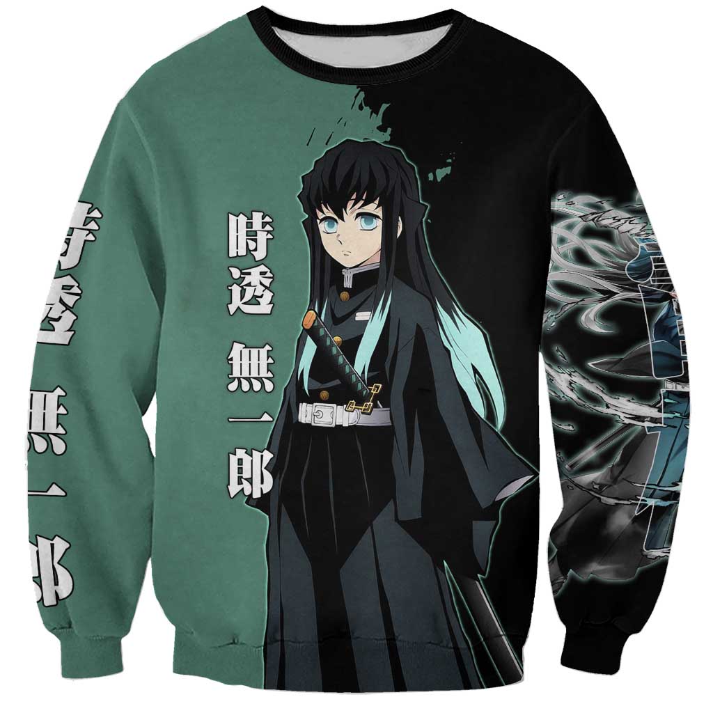 Muichiro Tokito from Demon Slayer Sweatshirt with Green and Black Mist Background and Dual Character Manga Style Design - The Mazicc