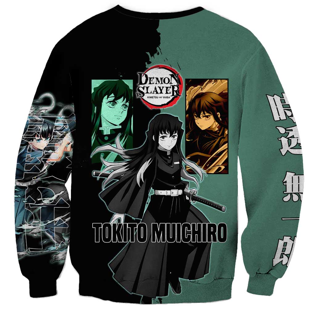 Muichiro Tokito from Demon Slayer Sweatshirt with Green and Black Mist Background and Dual Character Manga Style Design - The Mazicc