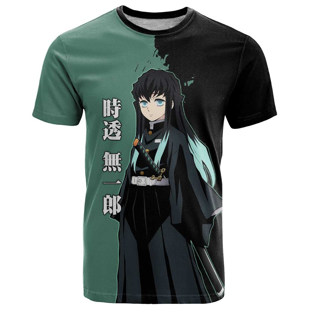 Muichiro Tokito from Demon Slayer T Shirt with Green and Black Mist Background and Dual Character Manga Style Design - The Mazicc